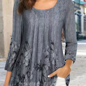 Crew Neck Long Sleeve Leaf Regular Loose Shirt For Women, Blouses, color:Blue|size:XXL, Noracora
