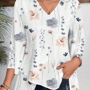 Floral Casual Loose V Neck Shirt, Shirts & Blouses, color:White|size:XXL, JustFashionNow