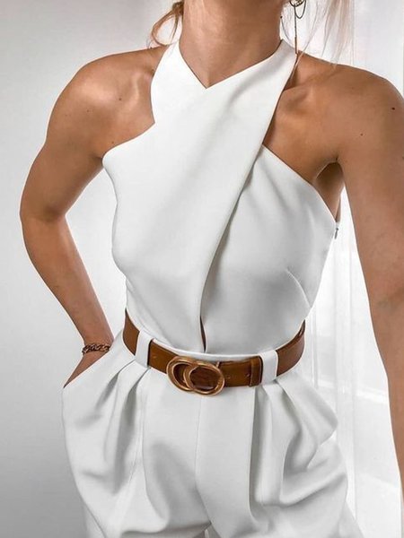 Regular Fit Plain Halter Urban Tank Top, Tanks and Camis, color:White|size:XS, Stylewe