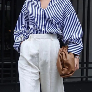 Shirt Collar Urban Long sleeve Striped Loose Blouse, Blouses and Shirts, color:stripe-blue|size:XXL, Stylewe