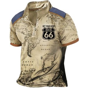 Men's T-Shirt Zip Polo World Map Get Your Kicks Route 66 Colorblock Vintage Outdoor Summer Daily Tops, T-Shirts, , COTOSEN, Apparel Online, Cheap Clothes, Buy Now