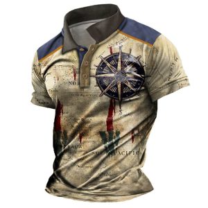 Men's Vintage Nautical Map Compass Print Polo Short Sleeve T-Shirt, T-Shirts, , COTOSEN, Apparel Online, Cheap Clothes, Buy Now