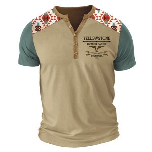Men's Henley T-Shirt Western Vintage Yellowstone Aztec Short Sleeve Colorblock Summer Daily Tops, T-Shirts, , COTOSEN, Apparel Online, Cheap Clothes, Buy Now
