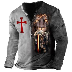 Men's Outdoor Templar Lion Cross Henley Long Sleeve Top, T-Shirts, , COTOSEN, Apparel Online, Cheap Clothes, Buy Now