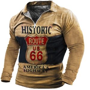 Men's Route 66 America Highway Zip Polo Long Sleeve T-Shirt, T-Shirts, , COTOSEN, Apparel Online, Cheap Clothes, Buy Now