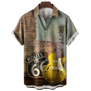 Men's Vintage Route 66 Guitar Print Hawaiian Beach Shirt, T-Shirts, , COTOSEN, Apparel Online, Cheap Clothes, Buy Now