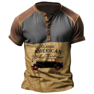 Men's T-Shirt Henley Vintage Classic American Car Color Block Short Sleeve Summer Daily Tops Khaki, T-Shirts, , COTOSEN, Apparel Online, Cheap Clothes, Buy Now