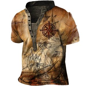 Men's Vintage Wind Sails Brig Compass Print Henley T-Shirt, T-Shirts, , COTOSEN, Apparel Online, Cheap Clothes, Buy Now