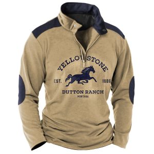 Men's Vintage Yellowstone Horse Colorblock Zip Stand Collar T-Shirt, T-Shirts, , COTOSEN, Apparel Online, Cheap Clothes, Buy Now
