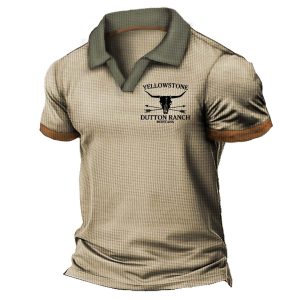 Men's Vintage Waffle Yellowstone Colorblock Polo Short Sleeve T-Shirt, T-Shirts, , COTOSEN, Apparel Online, Cheap Clothes, Buy Now