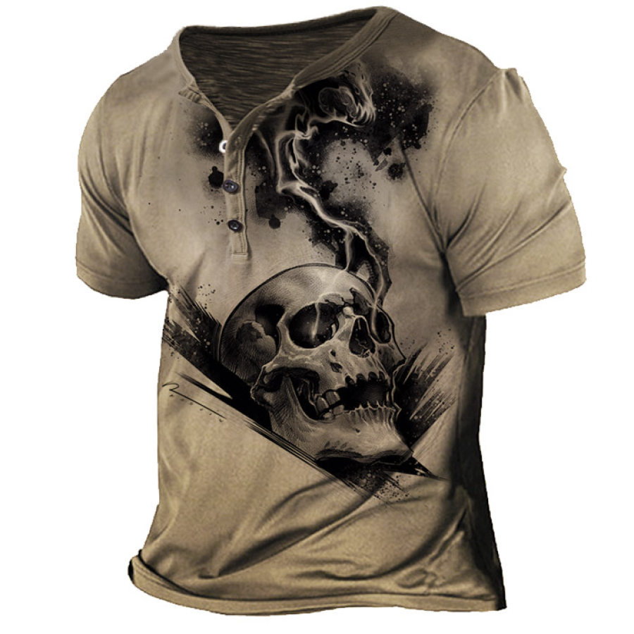 Men's Vintage Skull Print Henley T-Shirt, T-Shirts, , COTOSEN, Apparel Online, Cheap Clothes, Buy Now