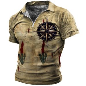 Plus Size Men's Vintage Nautical Map Compass Zip Polo T-Shirt, T-Shirts, , COTOSEN, Apparel Online, Cheap Clothes, Buy Now