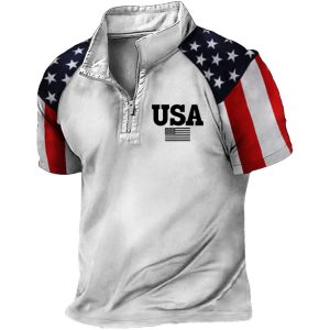Men's T-Shirt Zip Polo American Flag USA Colorblock Vintage Outdoor Summer Daily Tops, T-Shirts, , COTOSEN, Apparel Online, Cheap Clothes, Buy Now