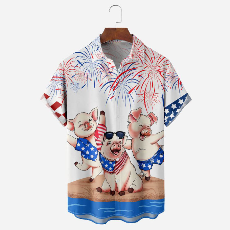 Men's Shirt Vintage American Flag Pig Fireworks Plus Size Short Sleeve Hawaii Beach Summer Daily Tops, T-Shirts, , COTOSEN, Apparel Online, Cheap Clothes, Buy Now