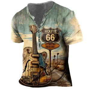 Men's Vintage Route 66 Guitar Henley T-Shirt, T-Shirts, , COTOSEN, Apparel Online, Cheap Clothes, Buy Now