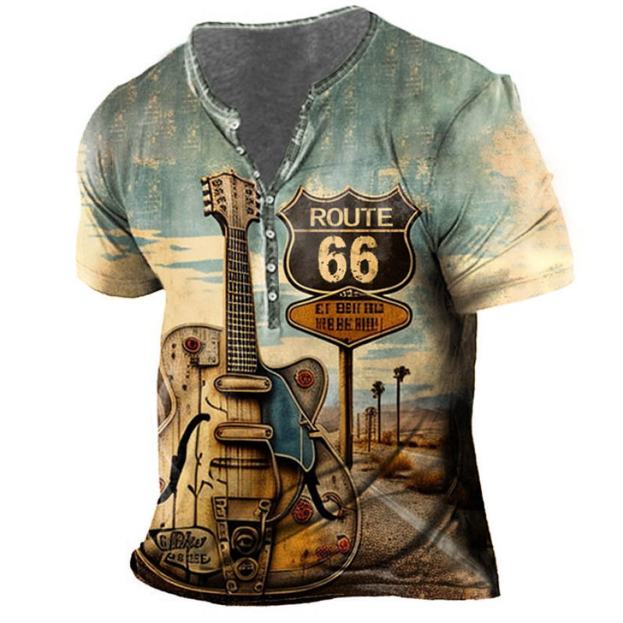 Men's Vintage Route 66 Guitar Henley T-Shirt, T-Shirts, , COTOSEN, Apparel Online, Cheap Clothes, Buy Now