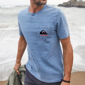 Quiksilver Men's T-Shirt Vintage Stripe Chest Pocket Surf Short Sleeve Crew Neck Summer Daily Tops Light Blue, T-Shirts, , COTOSEN, Apparel Online, Cheap Clothes, Buy Now