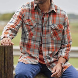 Men's Outdoor Shirt Retro Gray Red Color Contrast Checked Pocket Long Sleeve Casual Loose Shirt, T-Shirts, , COTOSEN, Apparel Online, Cheap Clothes, Buy Now