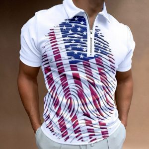 Men's Polo Shirt American Flag Fingerprint Zip Polo Golf Shirt Turndown Casual 3D Zipper Print Clothing Short Sleeve Top, T-Shirts, , COTOSEN, Apparel Online, Cheap Clothes, Buy Now