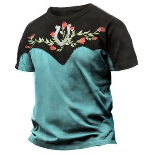 Men's Outdoor Casual Loose Cotton Short Sleeve T-Shirt Retro Western Denim Print Tops, T-Shirts, , COTOSEN, Apparel Online, Cheap Clothes, Buy Now