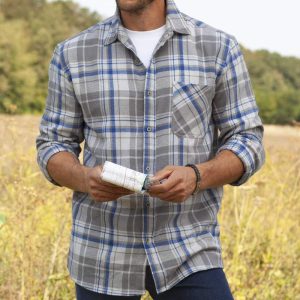 Men's Outdoor Shirt Retro Royal Blue Light Gray Checked Pocket Long Sleeve Casual Loose Shirt, T-Shirts, , COTOSEN, Apparel Online, Cheap Clothes, Buy Now