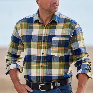 Men's Outdoor Shirt Retro Blue Green Checked Pocket Long Sleeve Casual Loose Shirt, T-Shirts, , COTOSEN, Apparel Online, Cheap Clothes, Buy Now