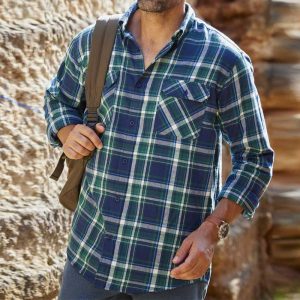 Men's Outdoor Shirt Navy Blue Grass Green White Color Contrast Checked Pocket Long Sleeve Casual Loose Shirt, T-Shirts, , COTOSEN, Apparel Online, Cheap Clothes, Buy Now