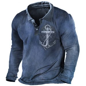 Nautical Anchor Print Men's Vintage Polo Long Sleeve T-Shirt, T-Shirts, , COTOSEN, Apparel Online, Cheap Clothes, Buy Now
