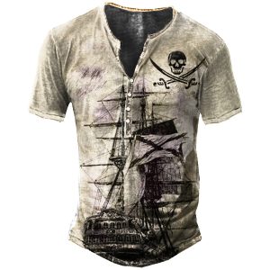 2Men's Vintage Pirate Print Henley T-Shirt, T-Shirts, , COTOSEN, Apparel Online, Cheap Clothes, Buy Now