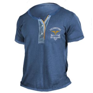 Men's Henley Collar T-Shirt Retro Yellowstone Print Contrast Color Short Sleeve Casual Loose Tee, T-Shirts, , COTOSEN, Apparel Online, Cheap Clothes, Buy Now