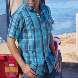 Men's Outdoor Shirt Retro Light Blue Navy Blue Color Contrast Checked Pocket Short Sleeve Casual Loose Shirt, T-Shirts, , COTOSEN, Apparel Online, Cheap Clothes, Buy Now