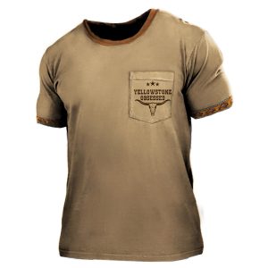 Men's Cotton T-Shirt Western National Style Yellowstone Outdoor Pocket Tactical Casual Crew Neck Short Sleeve Top, T-Shirts, , COTOSEN, Apparel Online, Cheap Clothes, Buy Now