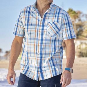 Men's Outdoor Shirt Retro Royal Blue White Orange Checked Pocket Long Sleeve Casual Loose Shirt, T-Shirts, , COTOSEN, Apparel Online, Cheap Clothes, Buy Now