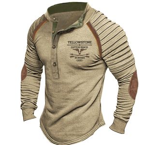 Plus Size Men's Vintage Western Yellowstone Henley Stand Collar T-Shirt, T-Shirts, , COTOSEN, Apparel Online, Cheap Clothes, Buy Now
