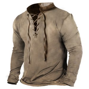 Medieval Gothic Cross Tie Collar Men's Vintage Print Casual Long Sleeve T-Shirt, T-Shirts, , COTOSEN, Apparel Online, Cheap Clothes, Buy Now