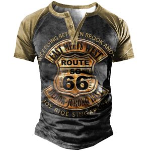 Men's Vintage Route 66 Print Henley Collar T-shirt, T-Shirts, , COTOSEN, Apparel Online, Cheap Clothes, Buy Now