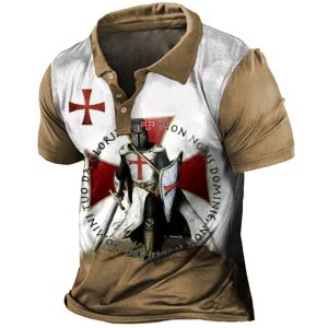Men's Vintage Templar Cross Print Henley Collar T-Shirt, T-Shirts, , COTOSEN, Apparel Online, Cheap Clothes, Buy Now