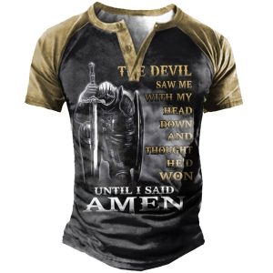 The Devil Saw Me With My Head Down Until I Said Amen Henley Stand Collar T-Shirt, T-Shirts, , COTOSEN, Apparel Online, Cheap Clothes, Buy Now