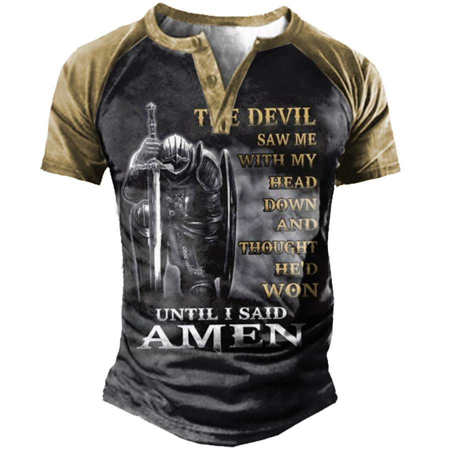The Devil Saw Me With My Head Down Until I Said Amen Henley Stand Collar T-Shirt, T-Shirts, , COTOSEN, Apparel Online, Cheap Clothes, Buy Now