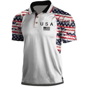 Men's Vintage American Flag Print T-Shirt Colorblock Polo Neck T-Shirt, T-Shirts, , COTOSEN, Apparel Online, Cheap Clothes, Buy Now