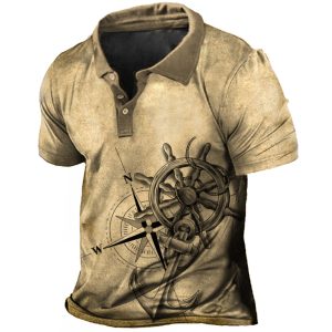 Men's Vintage Anchor Compass And Wheel Print Polo Neck T-Shirt, T-Shirts, , COTOSEN, Apparel Online, Cheap Clothes, Buy Now