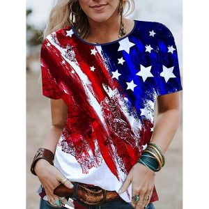 Women's Crew Neck American Flag Casual T-Shirt, women tops, , COTOSEN, Apparel Online, Cheap Clothes, Buy Now