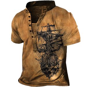 Men's Vintage Pirate Sailboat Print Henley Collar T-Shirt, T-Shirts, , COTOSEN, Apparel Online, Cheap Clothes, Buy Now