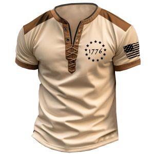 Men's Retro 1776 American Flag Colorblock Print Tie-Tie Stand Collar T-Shirt, T-Shirts, , COTOSEN, Apparel Online, Cheap Clothes, Buy Now