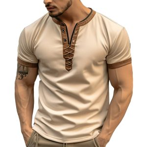 Men's Retro Colorblock Tie Henley Collar Casual T-Shirt, T-Shirts, , COTOSEN, Apparel Online, Cheap Clothes, Buy Now
