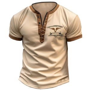 Men's Vintage American West Yellowstone Print Tie Stand Collar T-Shirt, T-Shirts, , COTOSEN, Apparel Online, Cheap Clothes, Buy Now