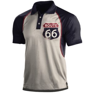 Men's Vintage American Route 66 Print T-Shirt Color Block Polo Neck T-Shirt, T-Shirts, , COTOSEN, Apparel Online, Cheap Clothes, Buy Now
