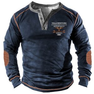 Men's Vintage American Western Yellowstone Print Henley Collar Long Sleeve T-Shirt, T-Shirts, , COTOSEN, Apparel Online, Cheap Clothes, Buy Now