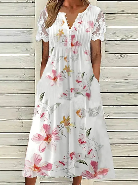 Buttoned Loose Floral Vacation Dress, Dresses, color:Multicolor|size:XXL, JustFashionNow