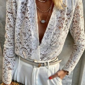 V Neck Long Sleeve Plain Regular Loose Shirt For Women, Shirts, color:White|size:XL, Noracora